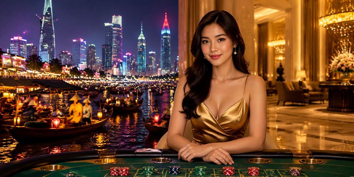 Bàn baccarat casino live neon sáng rực tại TP.HCM ban đêm, không khí sòng bài thực tế